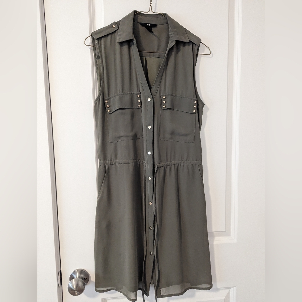 H&M Olive Green Sleeveless Button-Down Shirt Dress US 6